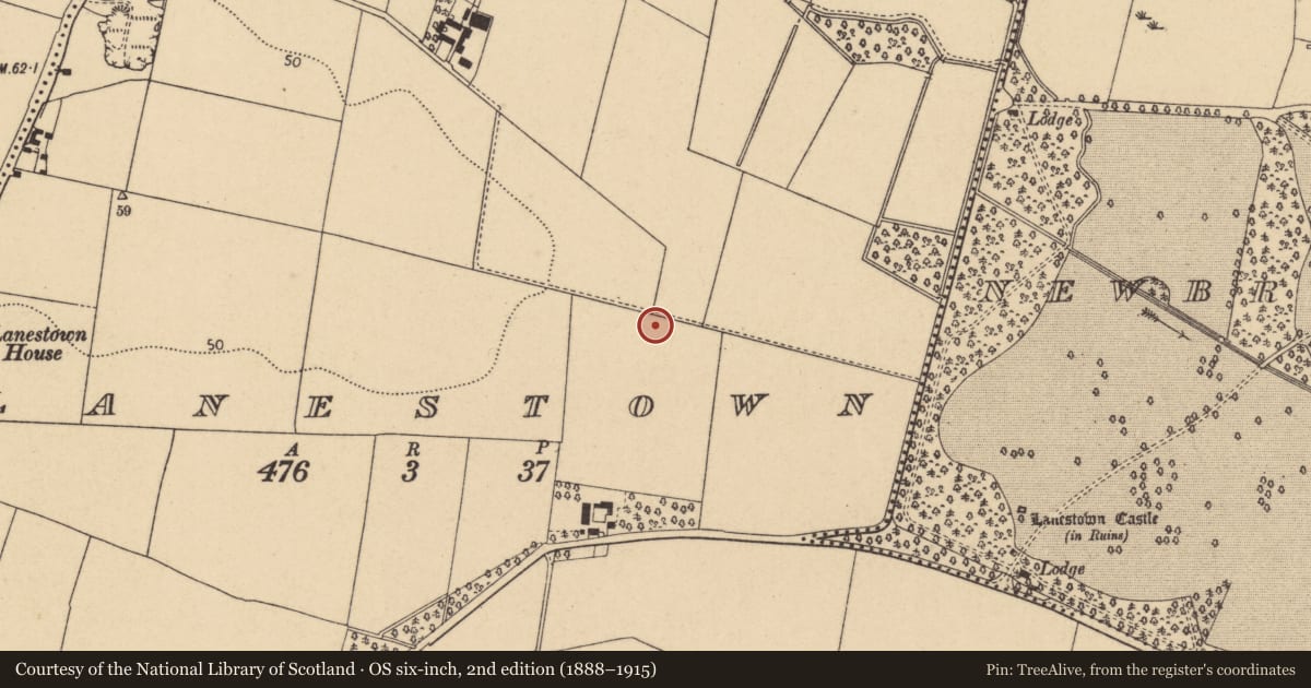 Ordnance Survey six-inch map, 2nd edition (1888–1915) covering the location of Enclosure, Lanestown, County Dublin, with a pin at the register's coordinates