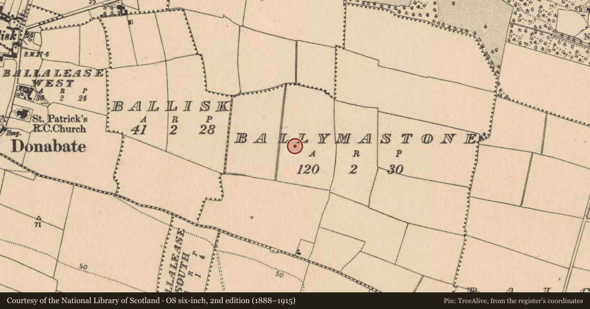 Ordnance Survey six-inch map, 2nd edition (1888–1915) covering the location of Ring-ditch, Ballymastone, County Dublin, with a pin at the register's coordinates