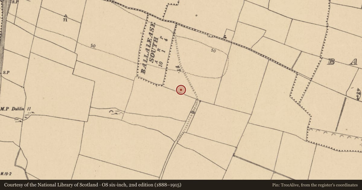 Ordnance Survey six-inch map, 2nd edition (1888–1915) covering the location of Burnt mound, Corballis, County Dublin, with a pin at the register's coordinates