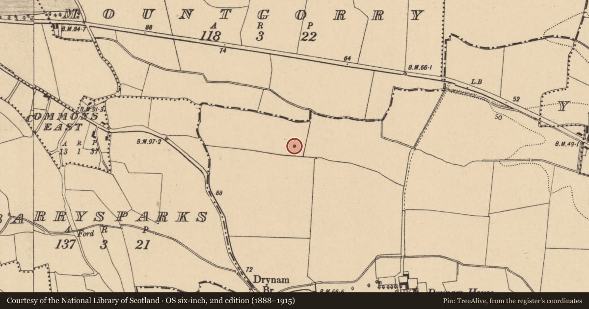 Ordnance Survey six-inch map, 2nd edition (1888–1915) covering the location of Ring-ditch, Drinan, County Dublin, with a pin at the register's coordinates