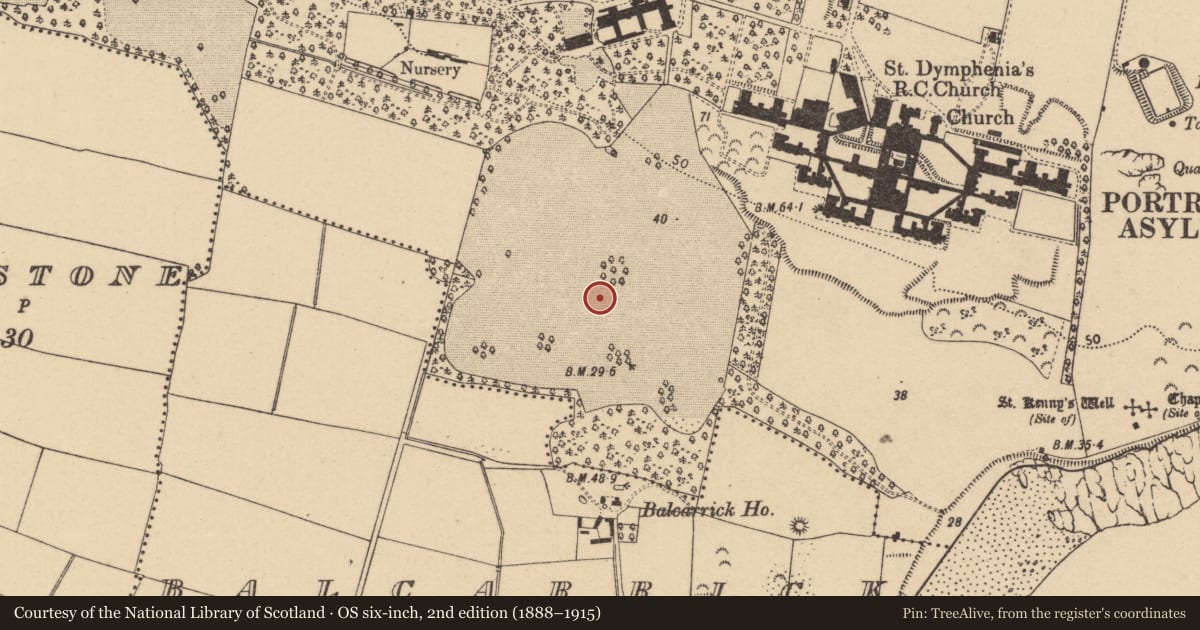 Ordnance Survey six-inch map, 2nd edition (1888–1915) covering the location of Habitation site, Portraine Demesne, County Dublin, with a pin at the register's coordinates