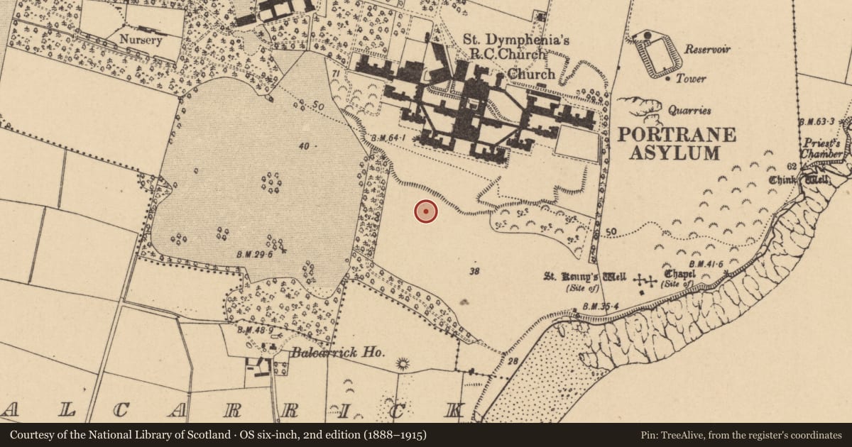 Ordnance Survey six-inch map, 2nd edition (1888–1915) covering the location of Fulacht fia, Portraine Demesne, County Dublin, with a pin at the register's coordinates