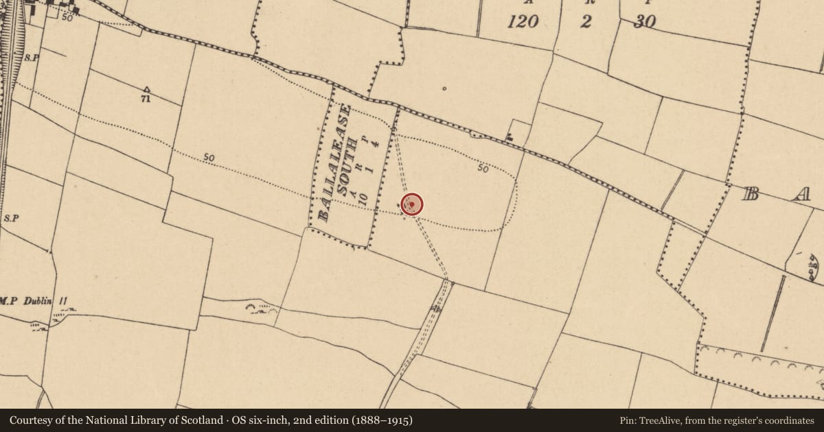 Ordnance Survey six-inch map, 2nd edition (1888–1915) covering the location of Ring-ditch, Corballis, County Dublin, with a pin at the register's coordinates