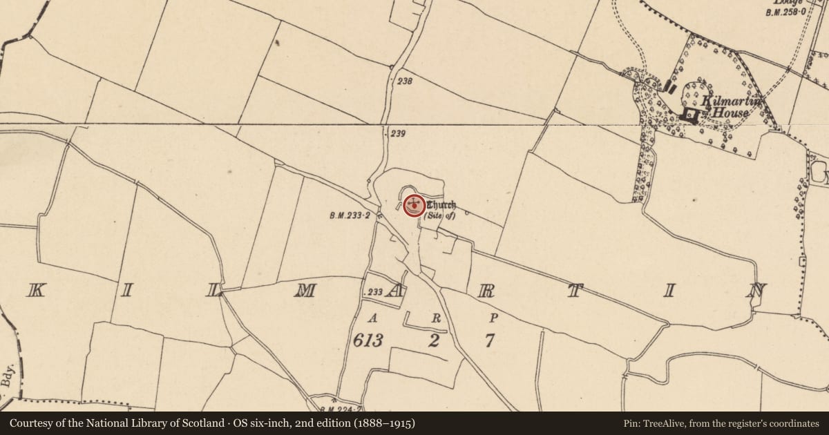 Ordnance Survey six-inch map, 2nd edition (1888–1915) covering the location of Church, Kilmartin, County Dublin, with a pin at the register's coordinates