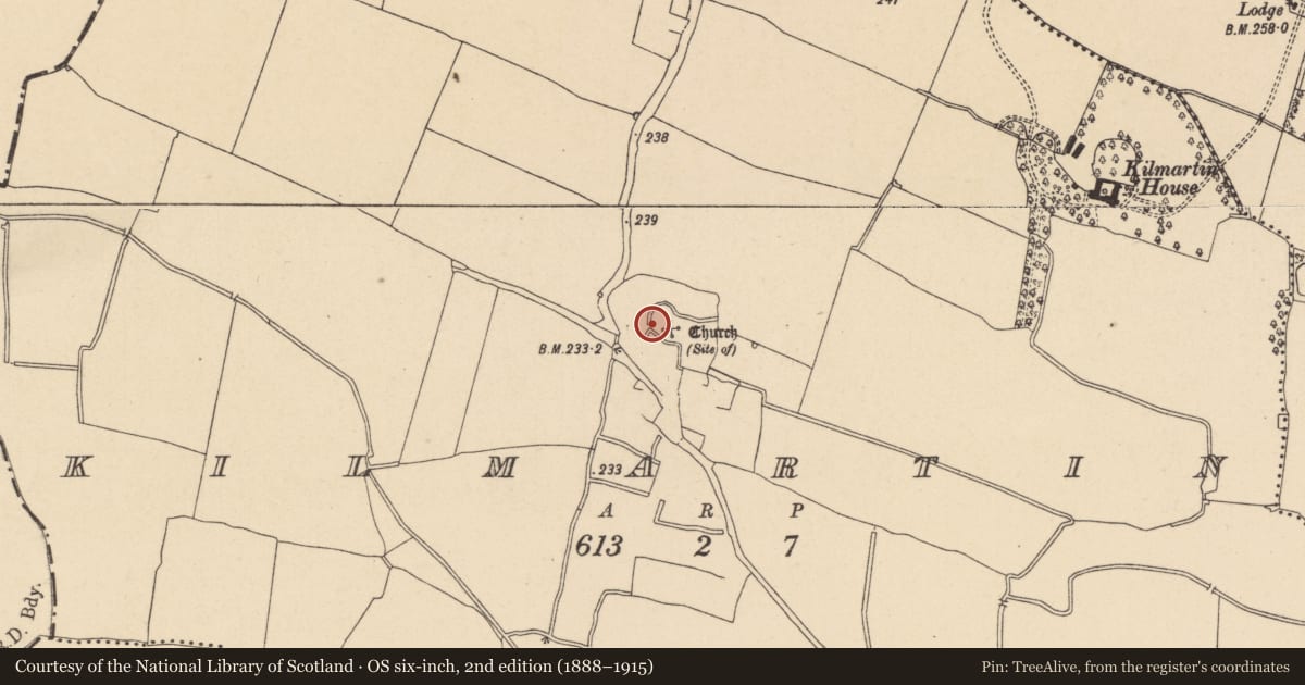 Ordnance Survey six-inch map, 2nd edition (1888–1915) covering the location of Ecclesiastical enclosure, Kilmartin, County Dublin, with a pin at the register's coordinates