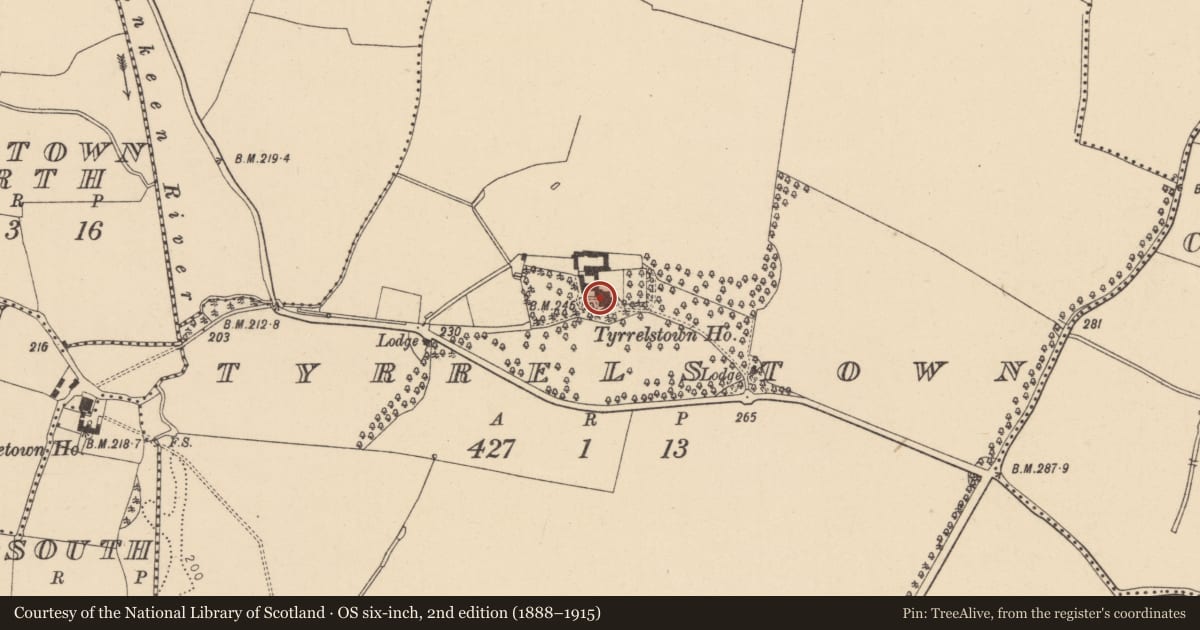 Ordnance Survey six-inch map, 2nd edition (1888–1915) covering the location of House - 16th/17th century, Tyrrelstown, County Dublin, with a pin at the register's coordinates