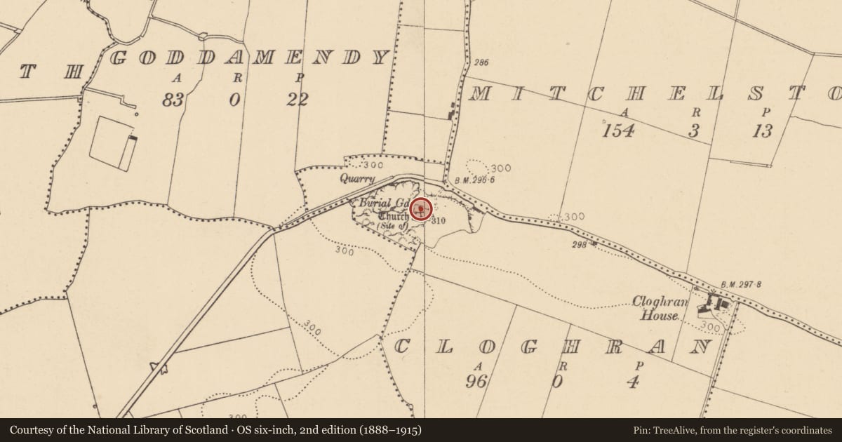 Ordnance Survey six-inch map, 2nd edition (1888–1915) covering the location of Church, Cloghran, County Dublin, with a pin at the register's coordinates