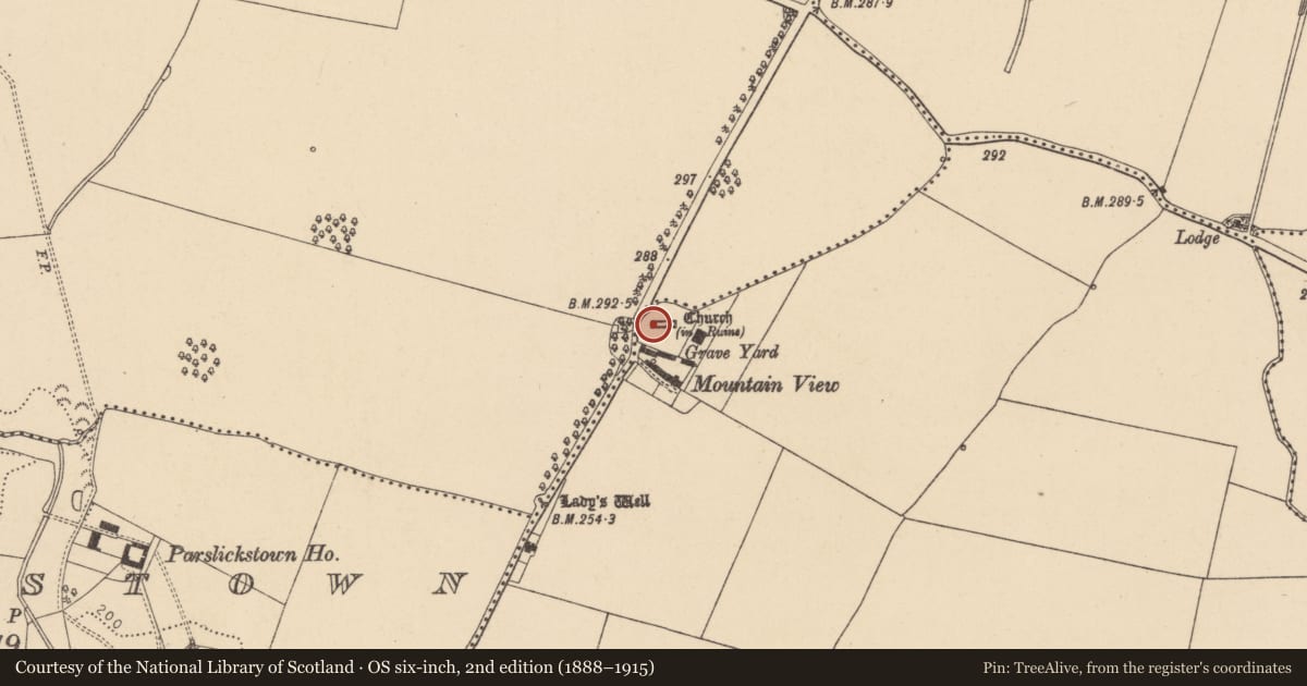 Ordnance Survey six-inch map, 2nd edition (1888–1915) covering the location of Church, Buzzardstown, County Dublin, with a pin at the register's coordinates