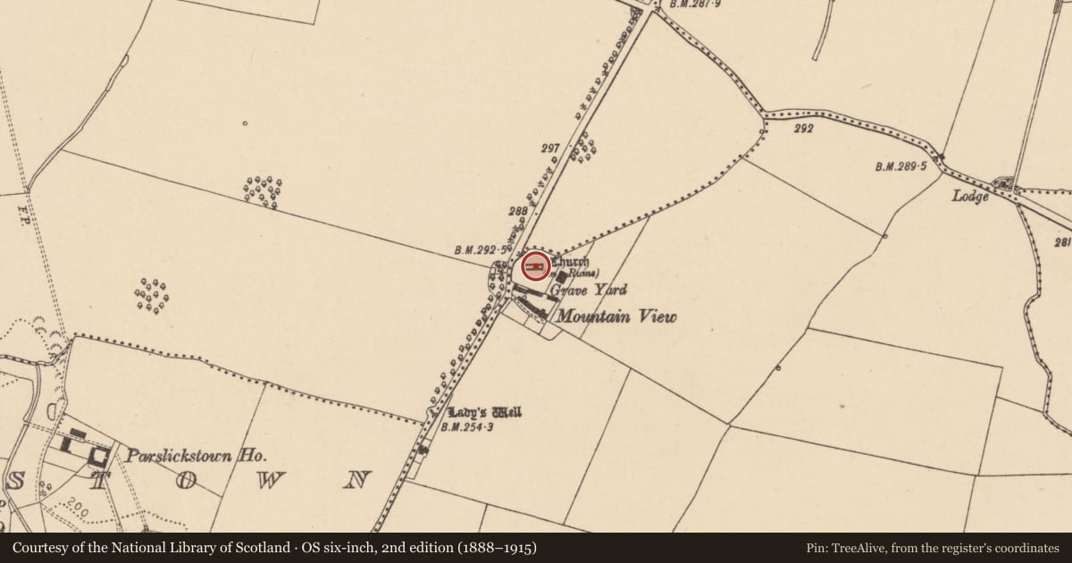Ordnance Survey six-inch map, 2nd edition (1888–1915) covering the location of Graveyard, Buzzardstown, County Dublin, with a pin at the register's coordinates