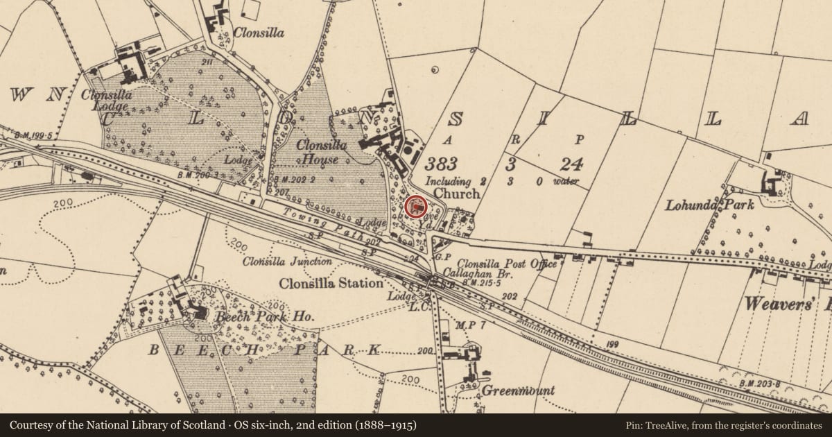Ordnance Survey six-inch map, 2nd edition (1888–1915) covering the location of Church, Clonsilla, County Dublin, with a pin at the register's coordinates