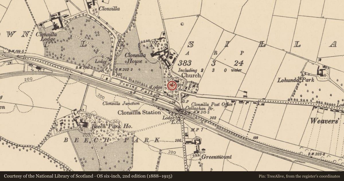 Ordnance Survey six-inch map, 2nd edition (1888–1915) covering the location of Graveyard, Clonsilla, County Dublin, with a pin at the register's coordinates