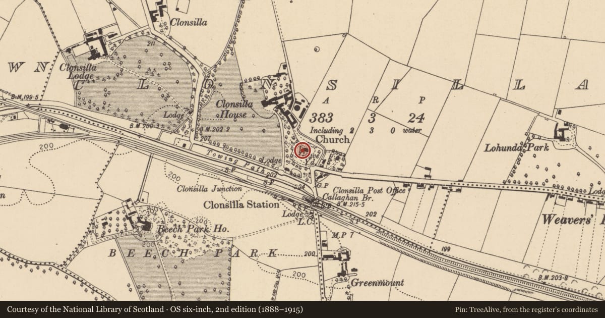 Ordnance Survey six-inch map, 2nd edition (1888–1915) covering the location of Graveslab, Clonsilla, County Dublin, with a pin at the register's coordinates
