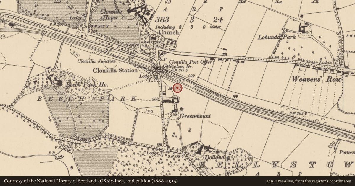 Ordnance Survey six-inch map, 2nd edition (1888–1915) covering the location of Barrow - ring-barrow, Kellystown, County Dublin, with a pin at the register's coordinates