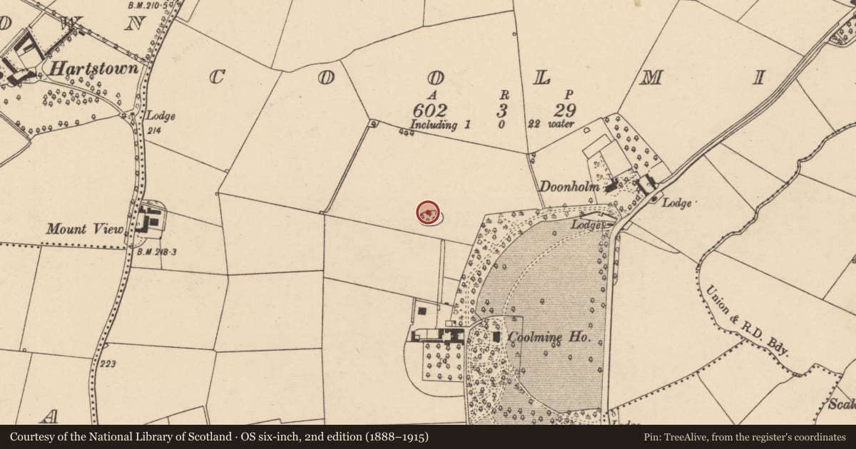 Ordnance Survey six-inch map, 2nd edition (1888–1915) covering the location of Graveyard, Coolmine, County Dublin, with a pin at the register's coordinates