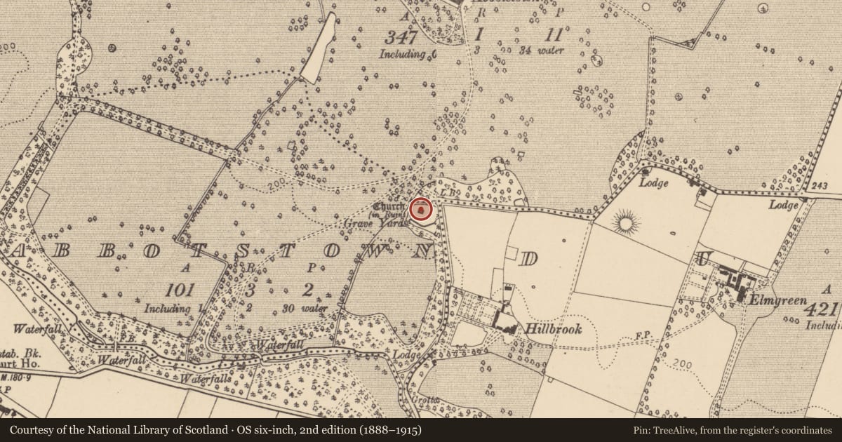 Ordnance Survey six-inch map, 2nd edition (1888–1915) covering the location of Church, Abbotstown, County Dublin, with a pin at the register's coordinates