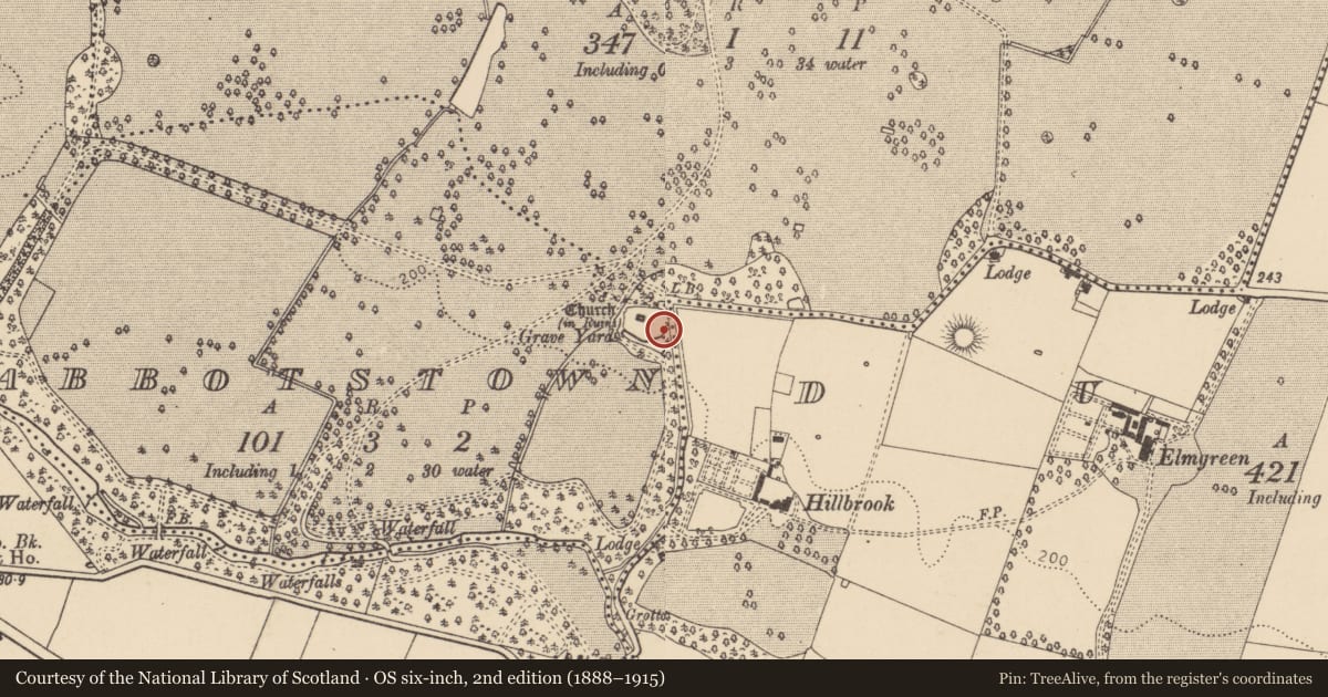 Ordnance Survey six-inch map, 2nd edition (1888–1915) covering the location of Ritual site - holy well, Abbotstown, County Dublin, with a pin at the register's coordinates