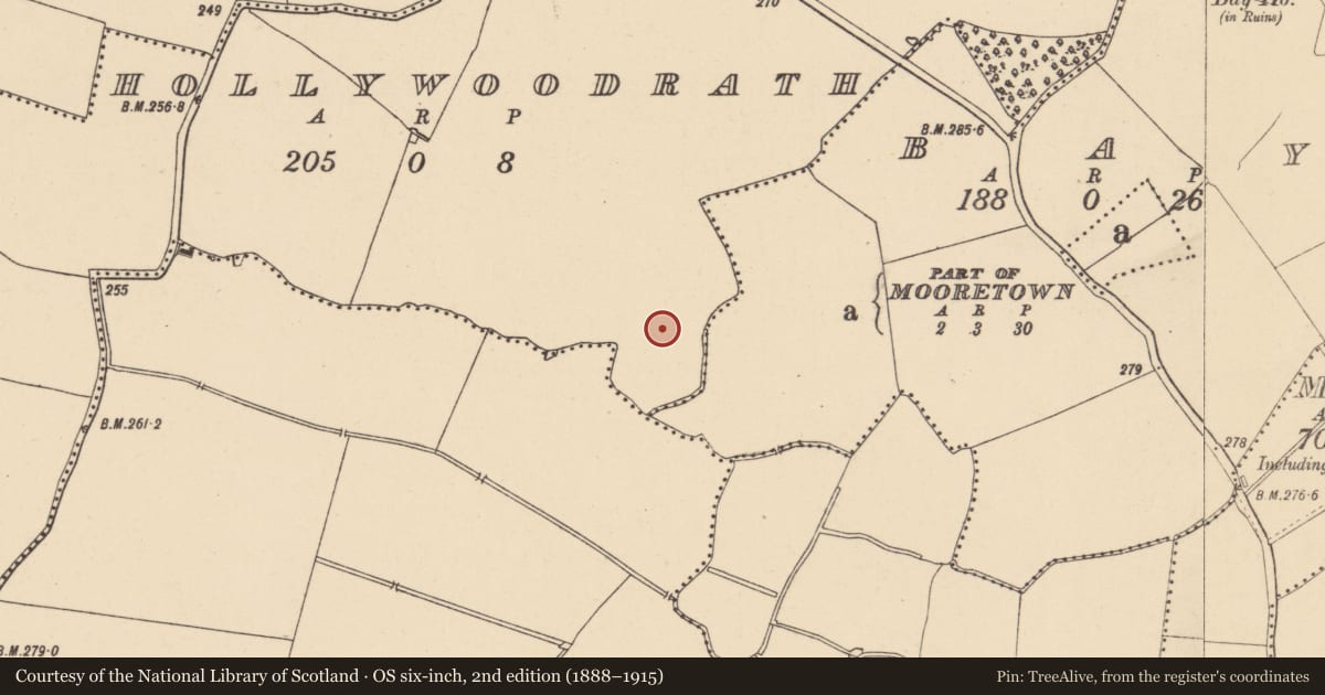 Ordnance Survey six-inch map, 2nd edition (1888–1915) covering the location of Kiln - corn-drying, Hollywoodrath, County Dublin, with a pin at the register's coordinates