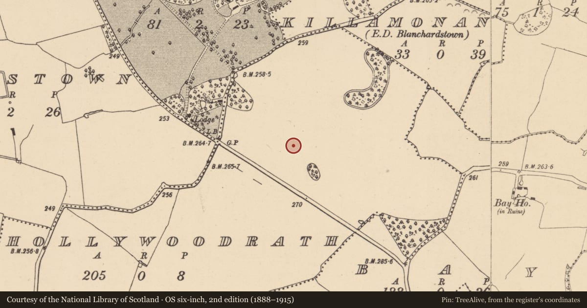 Ordnance Survey six-inch map, 2nd edition (1888–1915) covering the location of Earthwork, Hollywoodrath, County Dublin, with a pin at the register's coordinates