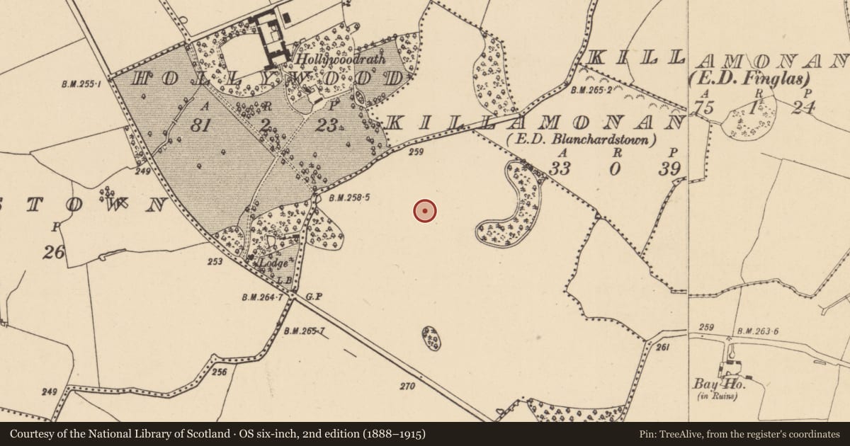 Ordnance Survey six-inch map, 2nd edition (1888–1915) covering the location of Ring-ditch, Hollywoodrath, County Dublin, with a pin at the register's coordinates