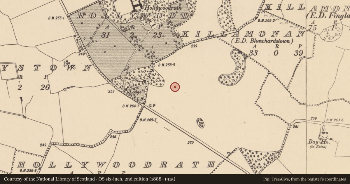 Ordnance Survey six-inch map, 2nd edition (1888–1915) covering the location of Earthwork, Hollywoodrath, County Dublin, with a pin at the register's coordinates