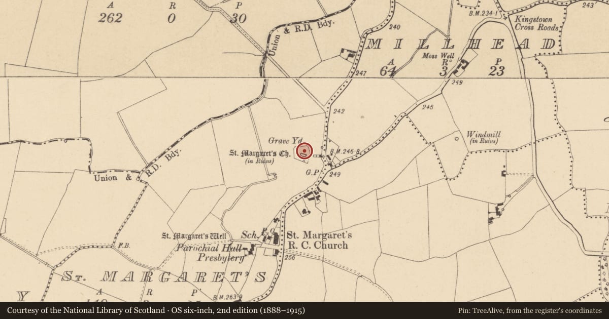 Ordnance Survey six-inch map, 2nd edition (1888–1915) covering the location of Graveyard, St. Margaret'S, County Dublin, with a pin at the register's coordinates