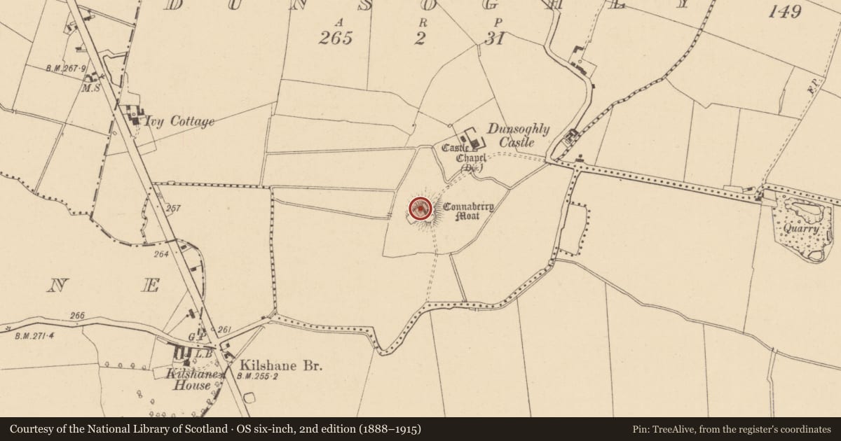 Ordnance Survey six-inch map, 2nd edition (1888–1915) covering the location of Castle - motte and bailey, Dunsoghly, County Dublin, with a pin at the register's coordinates