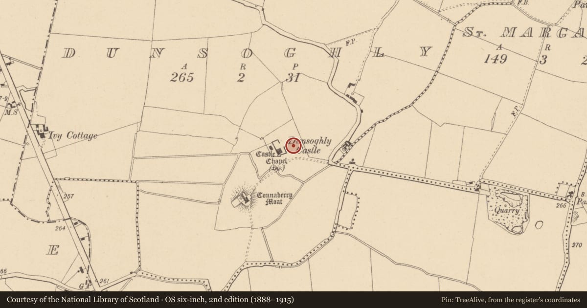 Ordnance Survey six-inch map, 2nd edition (1888–1915) covering the location of House - indeterminate date, Dunsoghly, County Dublin, with a pin at the register's coordinates