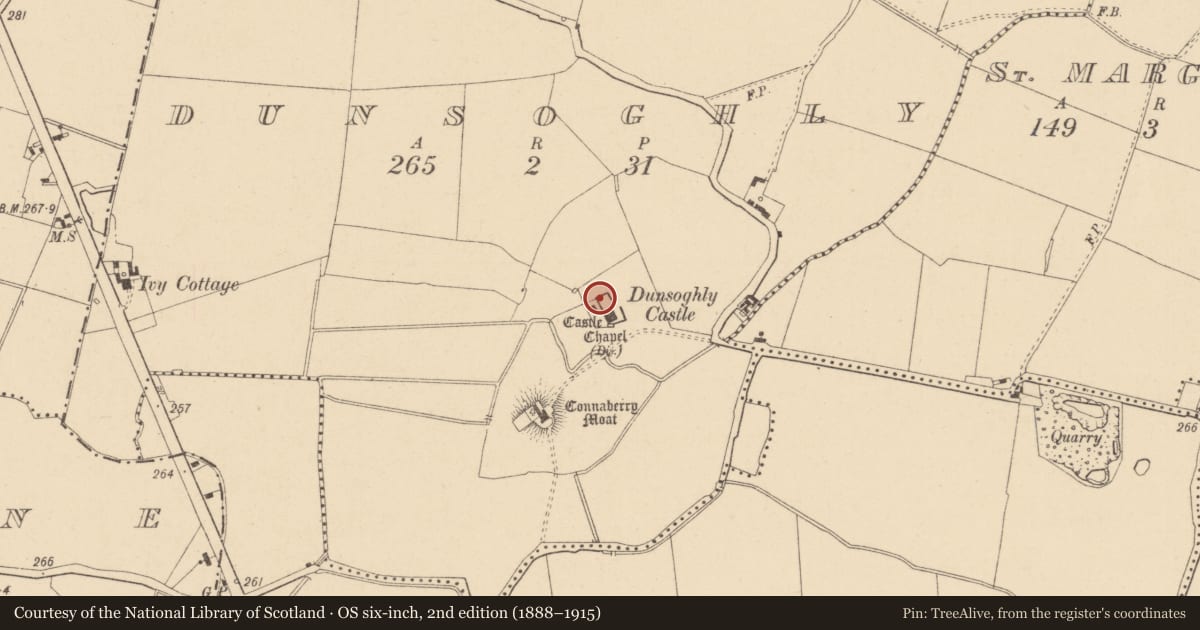 Ordnance Survey six-inch map, 2nd edition (1888–1915) covering the location of House - 16th/17th century, Dunsoghly, County Dublin, with a pin at the register's coordinates