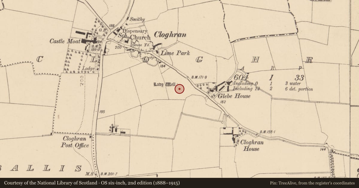 Ordnance Survey six-inch map, 2nd edition (1888–1915) covering the location of Ritual site - holy well, Cloghran, County Dublin, with a pin at the register's coordinates