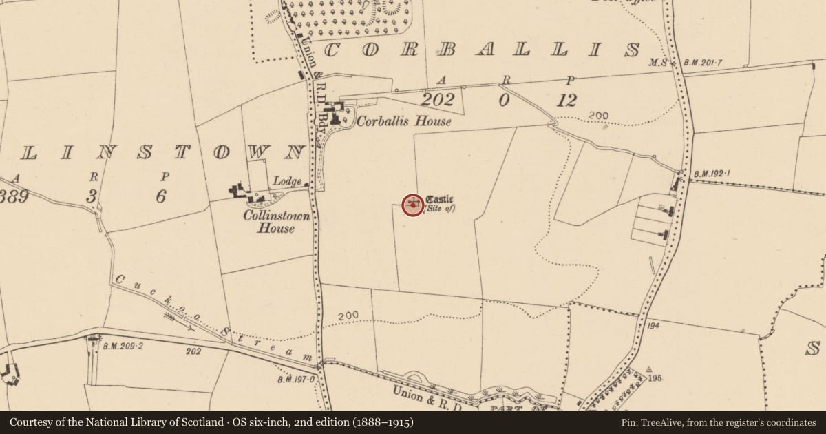 Ordnance Survey six-inch map, 2nd edition (1888–1915) covering the location of Castle - unclassified, Corballis, County Dublin, with a pin at the register's coordinates