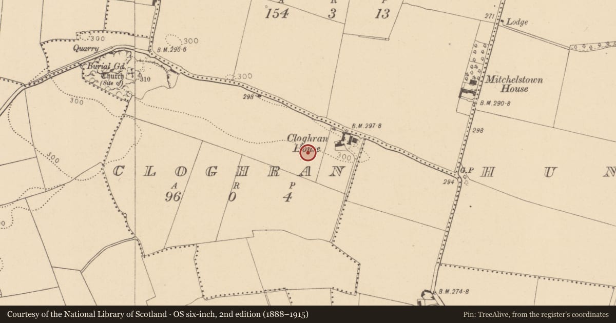 Ordnance Survey six-inch map, 2nd edition (1888–1915) covering the location of Enclosure, Cloghran, County Dublin, with a pin at the register's coordinates