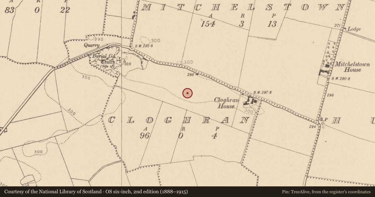 Ordnance Survey six-inch map, 2nd edition (1888–1915) covering the location of Enclosure, Cloghran, County Dublin, with a pin at the register's coordinates