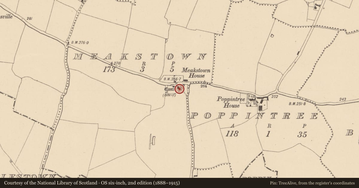 Ordnance Survey six-inch map, 2nd edition (1888–1915) covering the location of Castle - unclassified, Kilshane, County Dublin, with a pin at the register's coordinates
