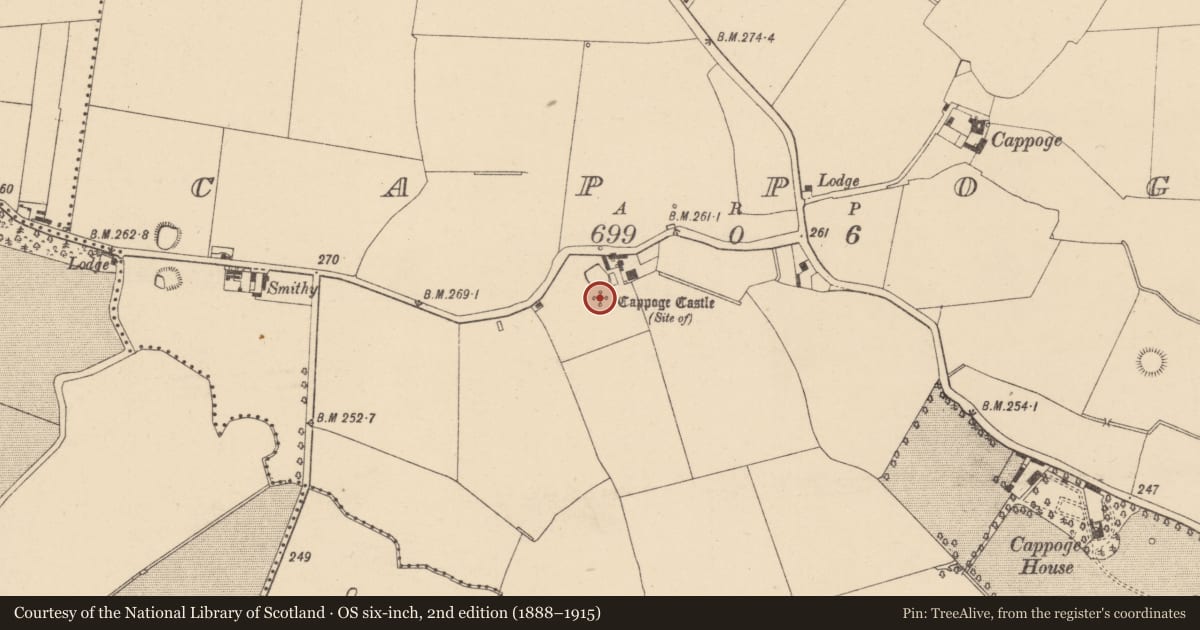Ordnance Survey six-inch map, 2nd edition (1888–1915) covering the location of Castle - tower house, Cappoge, County Dublin, with a pin at the register's coordinates