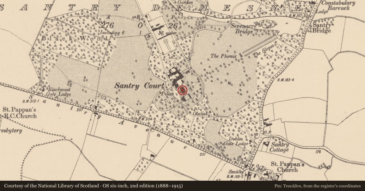 Ordnance Survey six-inch map, 2nd edition (1888–1915) covering the location of House - 18th/19th century, Santry Demesne, County Dublin, with a pin at the register's coordinates