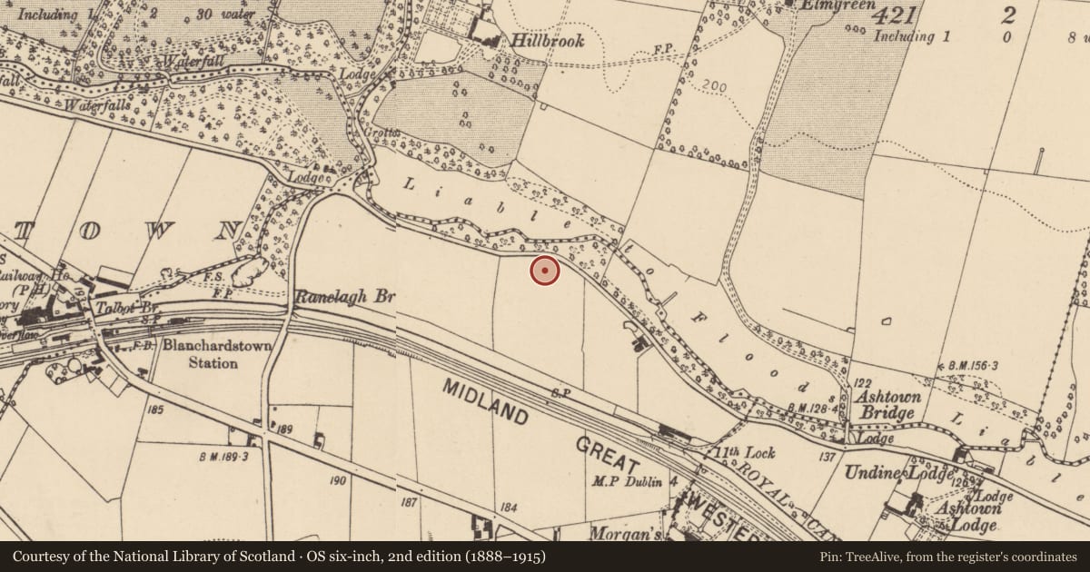 Ordnance Survey six-inch map, 2nd edition (1888–1915) covering the location of Burial ground, Castleknock (Without Phoenix Park), County Dublin, with a pin at the register's coordinates