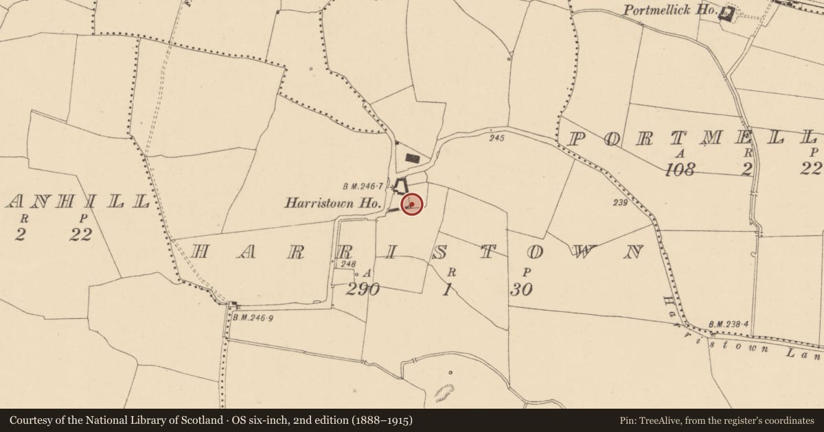 Ordnance Survey six-inch map, 2nd edition (1888–1915) covering the location of House - 16th/17th century, Harristown, County Dublin, with a pin at the register's coordinates