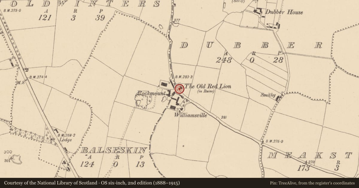 Ordnance Survey six-inch map, 2nd edition (1888–1915) covering the location of Inn, Dubber, County Dublin, with a pin at the register's coordinates