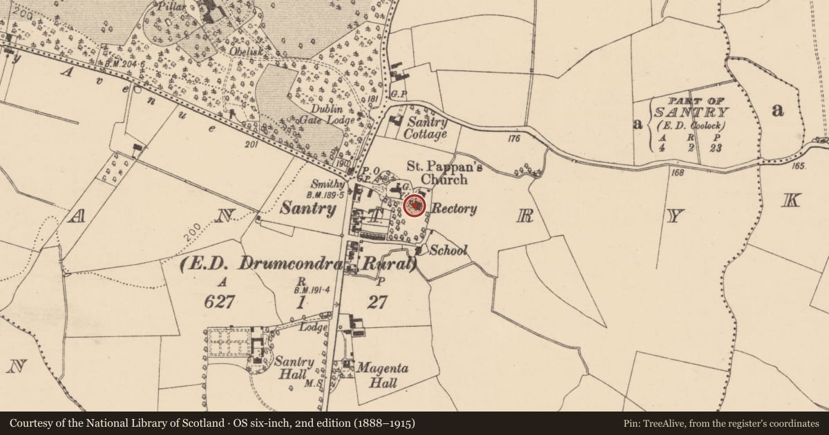 Ordnance Survey six-inch map, 2nd edition (1888–1915) covering the location of Ecclesiastical residence, County Dublin, with a pin at the register's coordinates