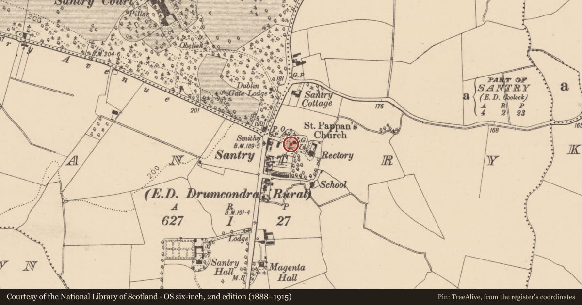 Ordnance Survey six-inch map, 2nd edition (1888–1915) covering the location of Ritual site - holy well, County Dublin, with a pin at the register's coordinates