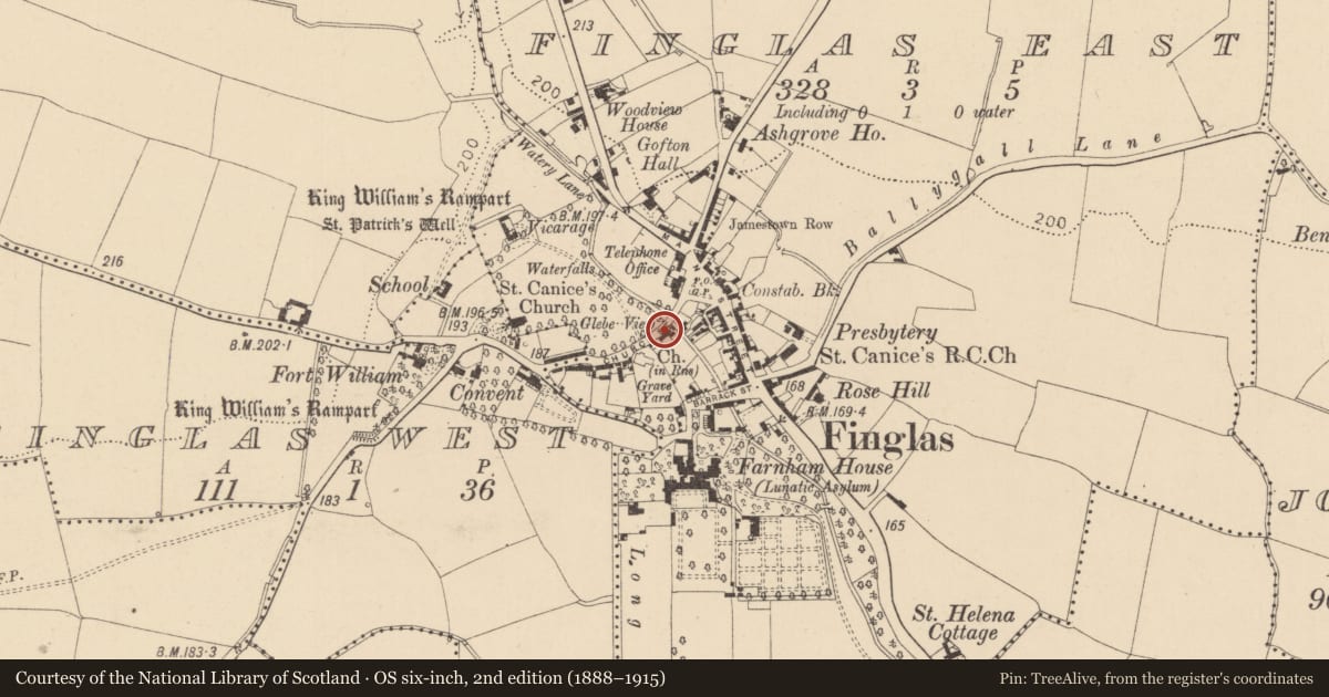 Ordnance Survey six-inch map, 2nd edition (1888–1915) covering the location of Settlement cluster, County Dublin, with a pin at the register's coordinates