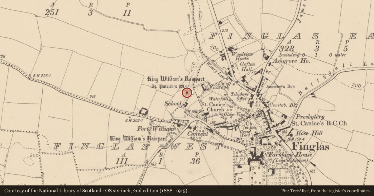 Ordnance Survey six-inch map, 2nd edition (1888–1915) covering the location of Ritual site - holy well, County Dublin, with a pin at the register's coordinates