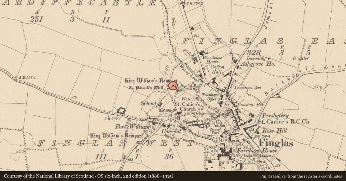 Ordnance Survey six-inch map, 2nd edition (1888–1915) covering the location of Town defences, County Dublin, with a pin at the register's coordinates