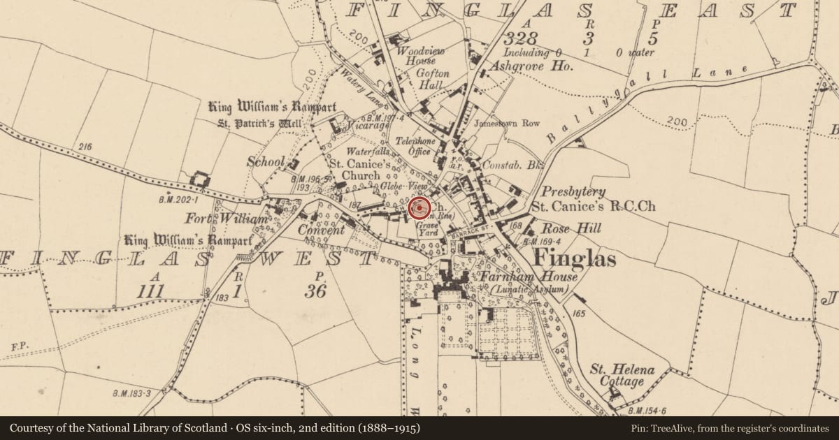 Ordnance Survey six-inch map, 2nd edition (1888–1915) covering the location of Church, County Dublin, with a pin at the register's coordinates