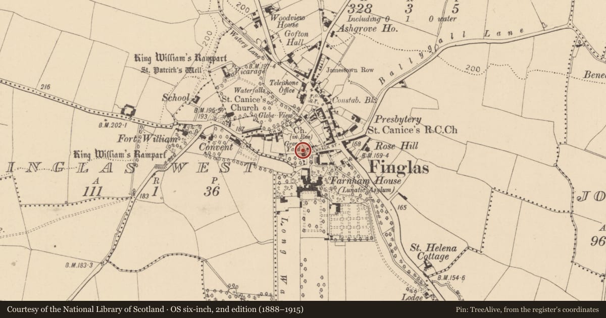 Ordnance Survey six-inch map, 2nd edition (1888–1915) covering the location of Cross - High cross, County Dublin, with a pin at the register's coordinates