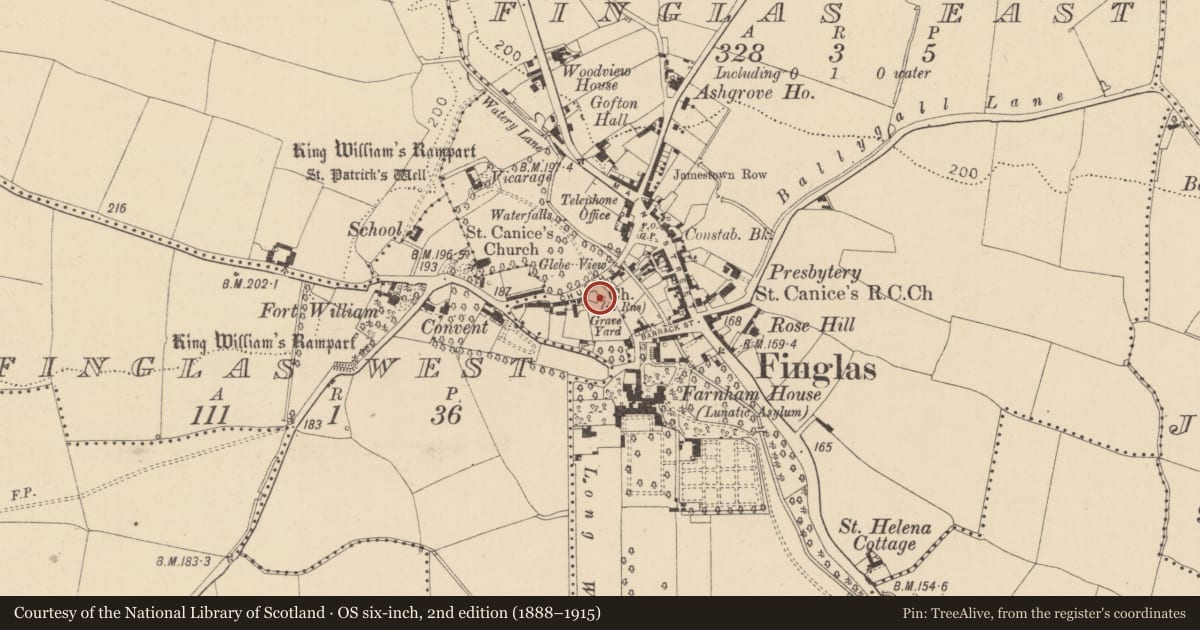 Ordnance Survey six-inch map, 2nd edition (1888–1915) covering the location of Graveslab, County Dublin, with a pin at the register's coordinates