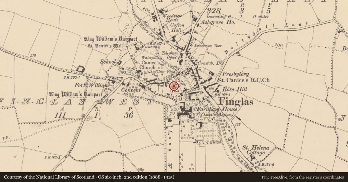 Ordnance Survey six-inch map, 2nd edition (1888–1915) covering the location of Graveyard, County Dublin, with a pin at the register's coordinates