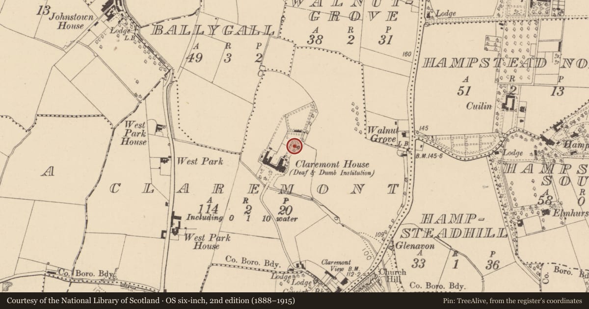 Ordnance Survey six-inch map, 2nd edition (1888–1915) covering the location of Mound, County Dublin, with a pin at the register's coordinates