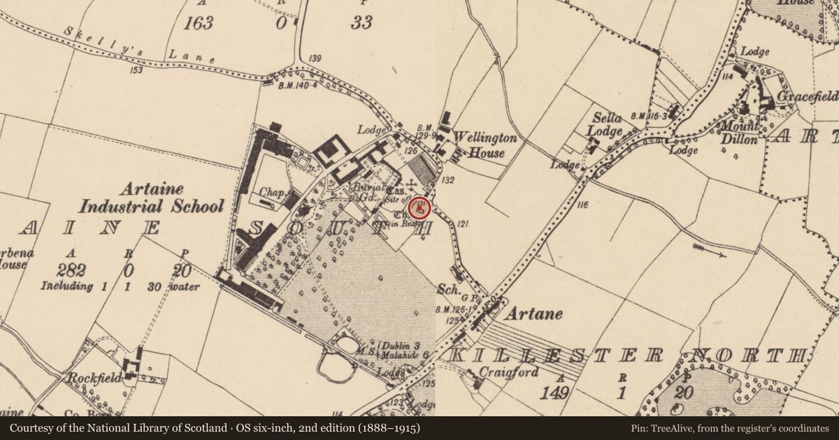 Ordnance Survey six-inch map, 2nd edition (1888–1915) covering the location of Church, County Dublin, with a pin at the register's coordinates