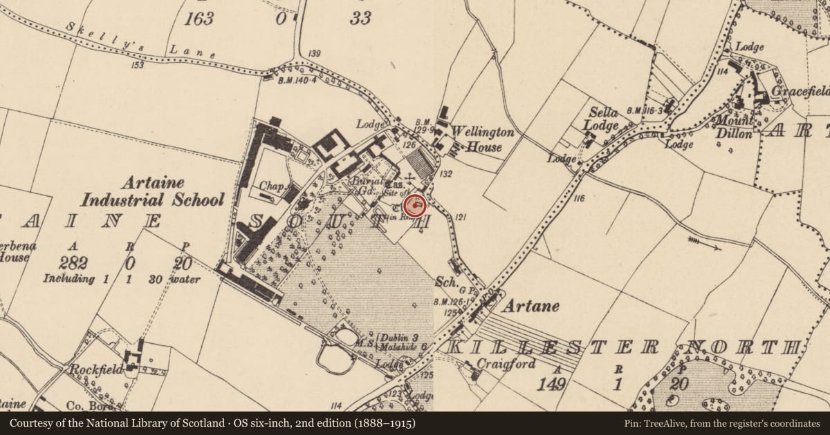 Ordnance Survey six-inch map, 2nd edition (1888–1915) covering the location of Graveyard, County Dublin, with a pin at the register's coordinates